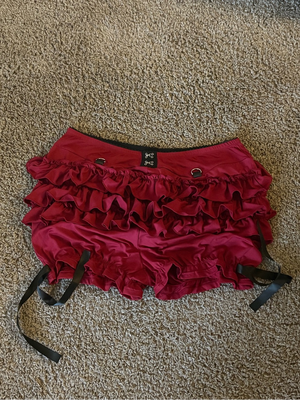 Tiered Ruffle Burgundy Women’s shorts with Satin Finish